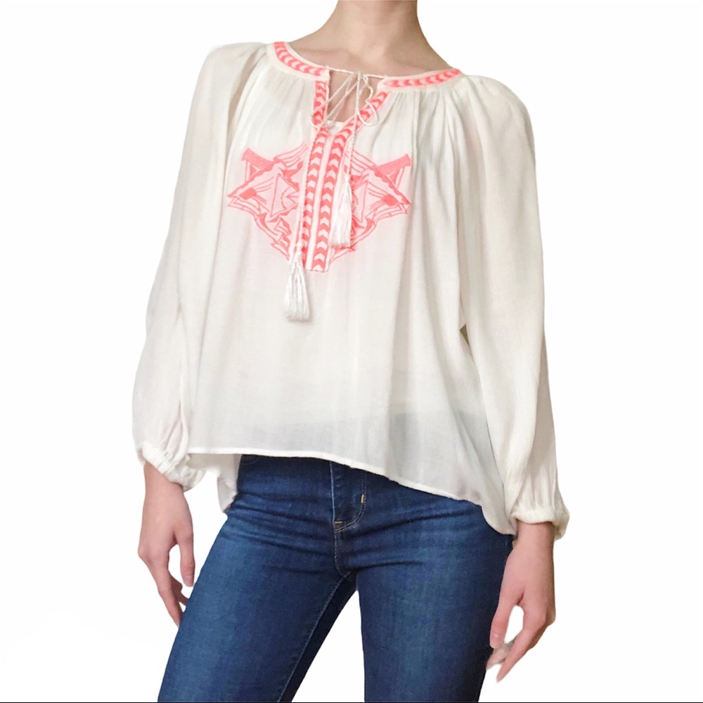 Neon Embroidered High-Low Peasant Top